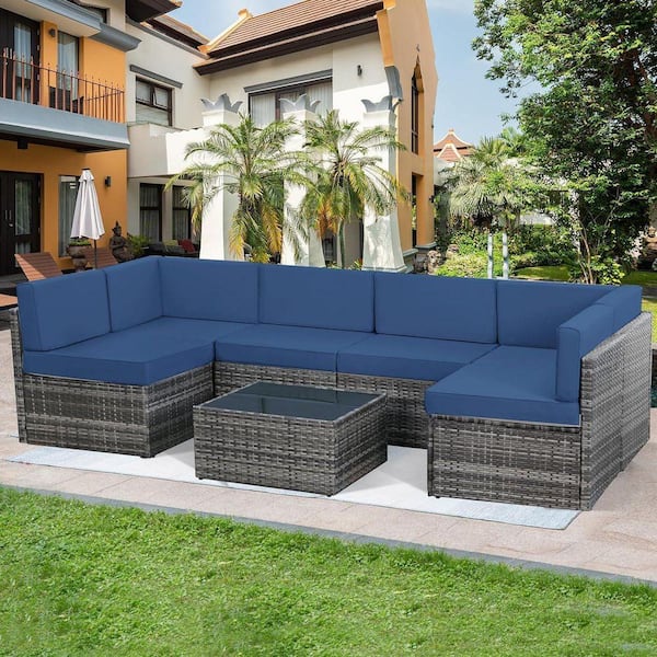 7-Piece Wicker Outdoor Conversation Patio Furniture Set with Blue Cushions