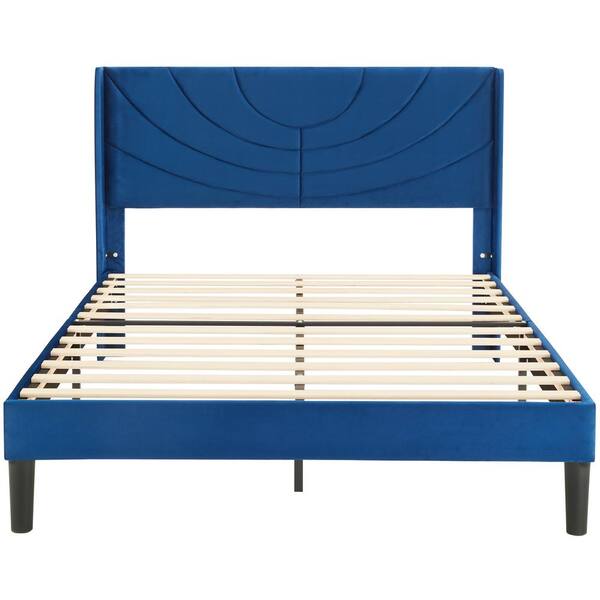 VECELO Upholstered Bed Blue Metal Frame Queen Platform Bed with Fabric Headboard, Wooden Slats Support