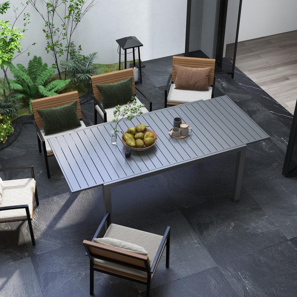Charcoal Gray Aluminum Expandable Outdoor Dining Table for 6-8