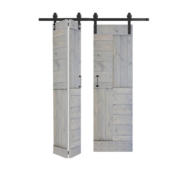ISLIFE S Style 48in.x84in.(12''X84''X4panels) French Gray Solid Wood Bi-Fold Barn Door With Hardware Kit -Assembly Needed