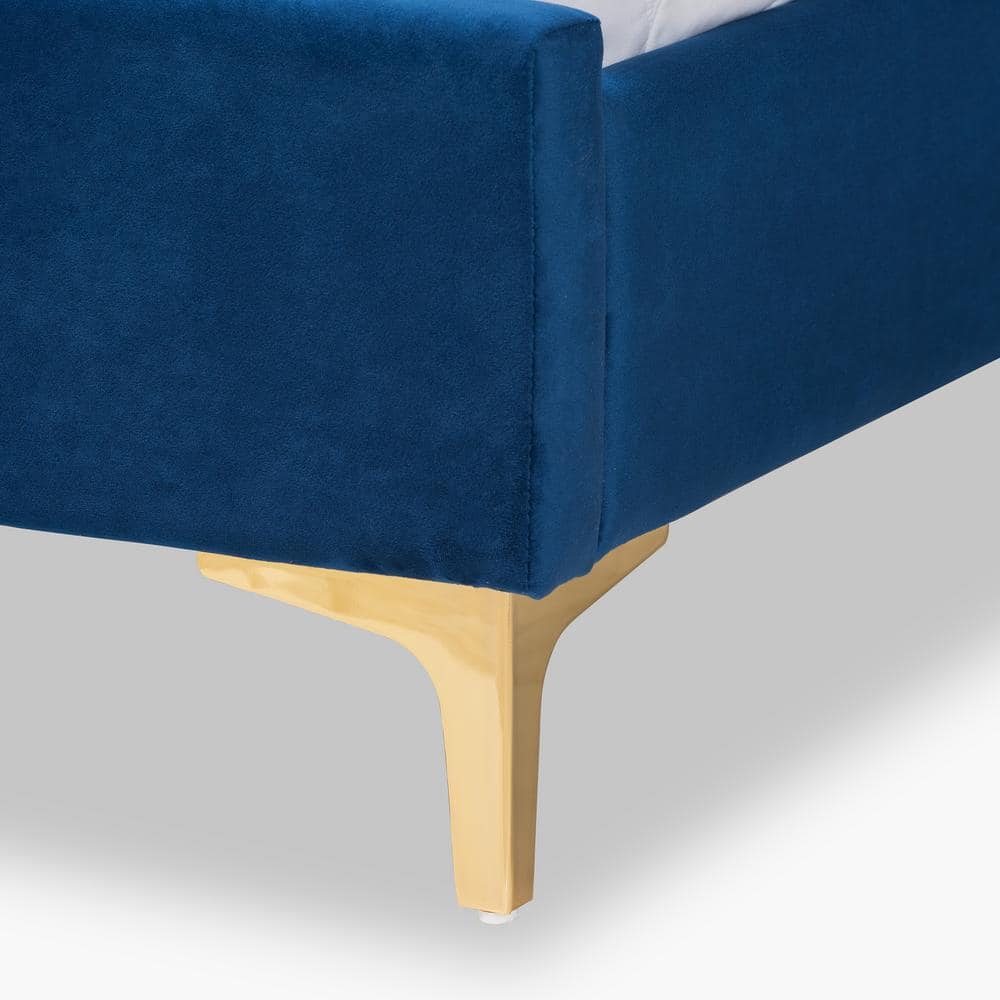 Luxurious Navy Blue Velvet Full/Double Platform Bed with Gold Metal Legs