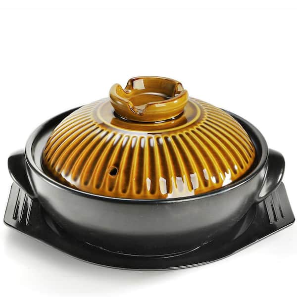 Korean Ceramic 1-Piece Black Clay Pot with Copper Lid, Handles, Trivet, Gas Electric Oven Microwave Safe, Casserole Set