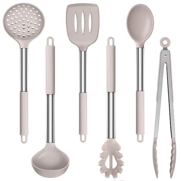 Khaki Silicone Kitchen Utensils Set 6 Piece Heat Resistant Nonstick Cooking Tools Stainless Steel Handle
