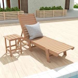 Laguna 2-Piece Teak Fade Resistant Poly HDPE Plastic Outdoor Patio Reclining Chaise Lounge Chair with Side Table Set