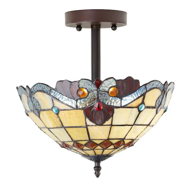 River of Goods 13 in. Tiffany Stained Glass Semi-Flush Mount Ceiling Light with Red and Amber Bowl Shade