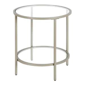Sivil 20 in. Satin Nickel Round Glass Side Table with Glass Shelf