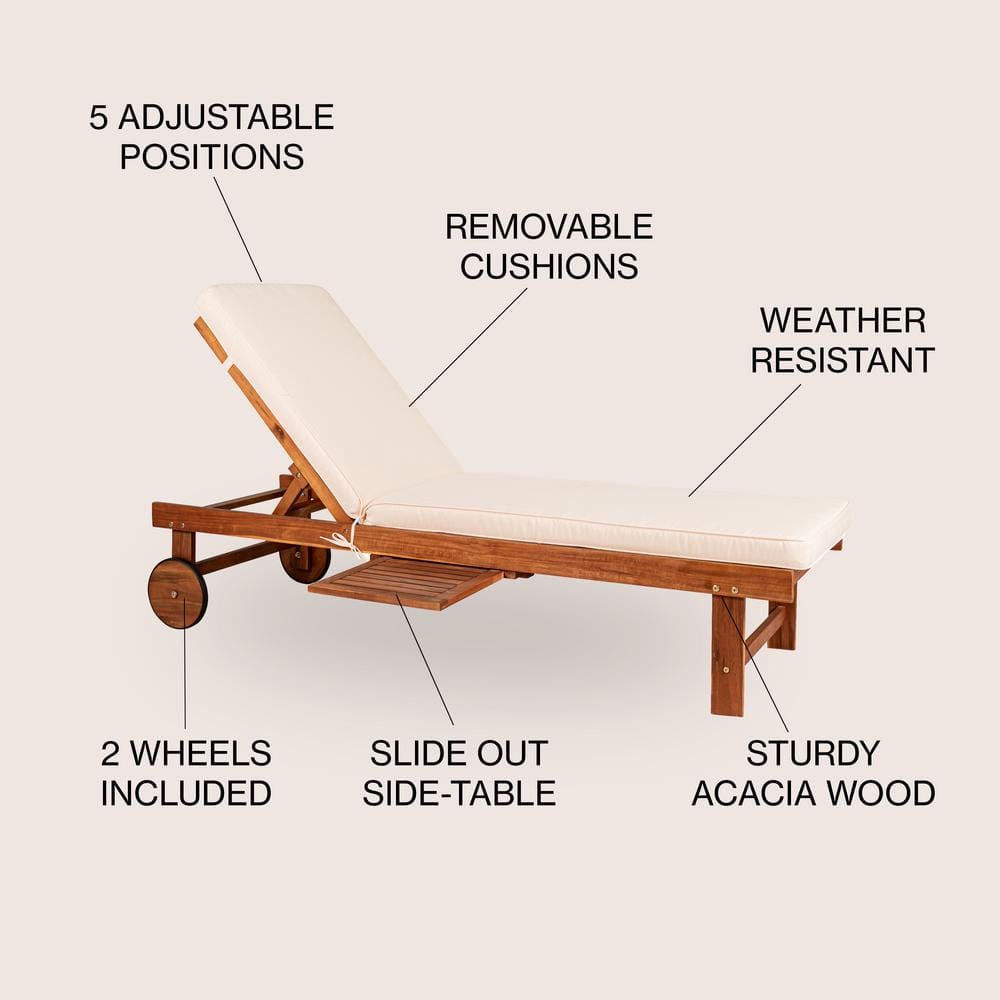 Seabrook 69" Acacia Wood Outdoor Lounger with Cream Cushion and Slide Table