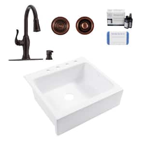 Josephine 26 in. 4-Hole Quick-Fit Farmhouse Drop-in Single Bowl White Fireclay Kitchen Sink with Maren Bronze Faucet Kit