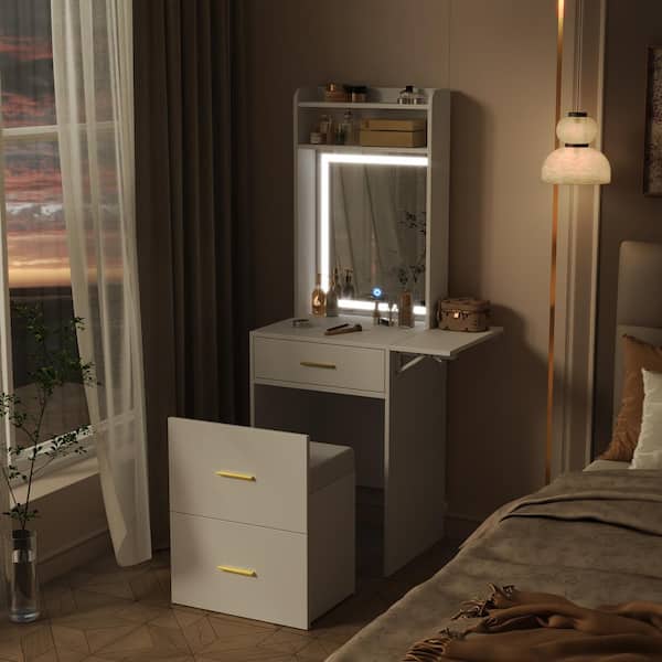 Harper & Bright Designs 2-Piece White Makeup Vanity Set with Charging Station, Fold-Up Panel, Hidden Stool, Mirror and Light