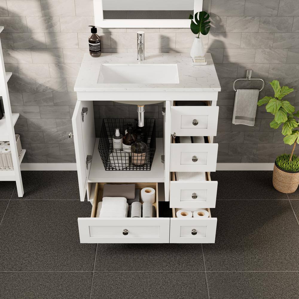 White 28" Solid Wood Bathroom Vanity with Carrara Quartz Top