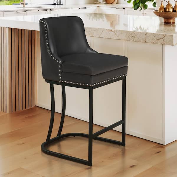 LUE BONA Aurora 26 in. Black Faux Leather Upholstered Counter Height Bar Stool with Metal Frame Double Cushion Counter Stool