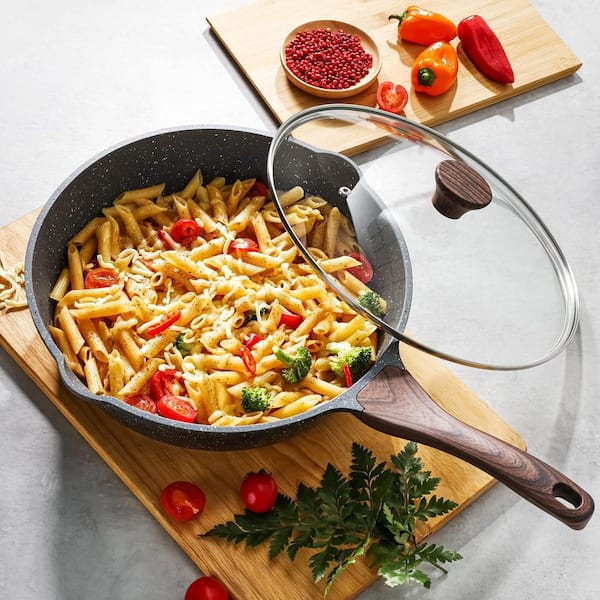 5 qt. Cast Aluminum Nonstick Saute Pan with Lid Swiss Granite Coating Healthy Cookware 2-Pack Oven Safe Induction