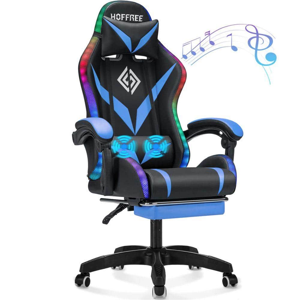 Faxu Leather Bluetooth Speakers Massage LED Reclining Ergonomic Gaming Chair in Blue with Footrest