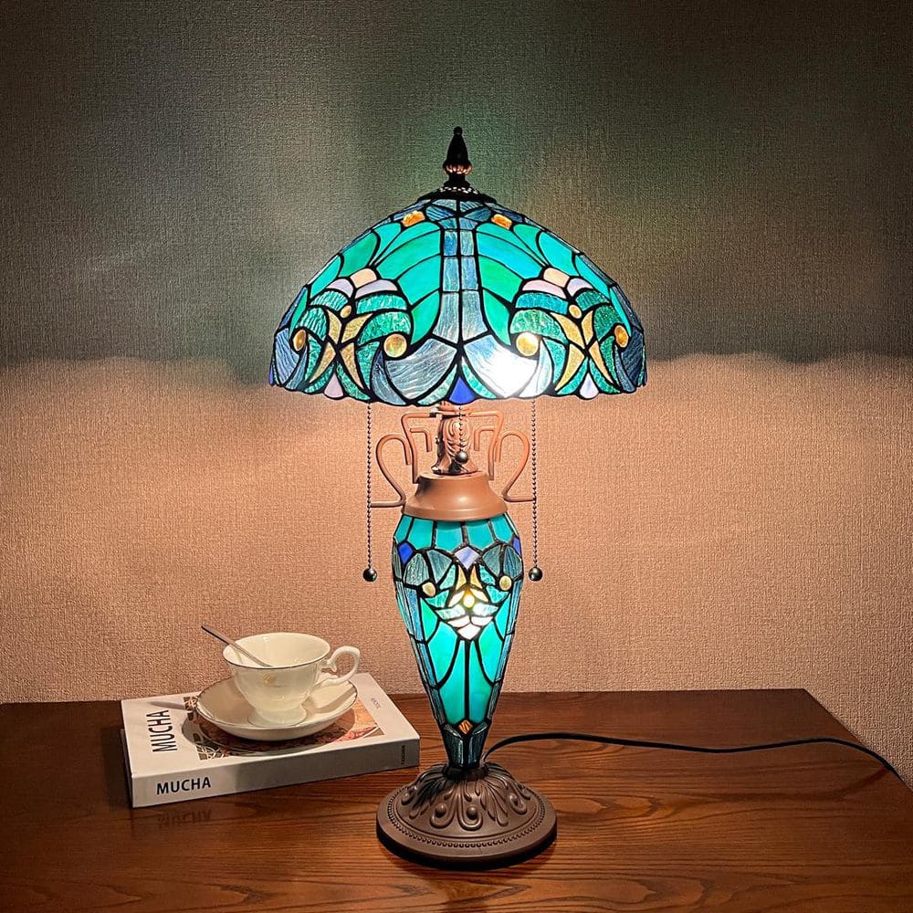 VINPLUS 23in. Dark Bronze Tiffany Table Lamp with Victorian Cyan