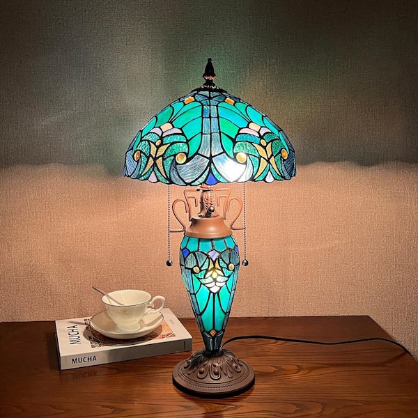 23in. Dark Bronze Tiffany Table Lamp with Victorian Cyan Stained Glass Shade and Pull Chain Switch Task and Reading Lamp