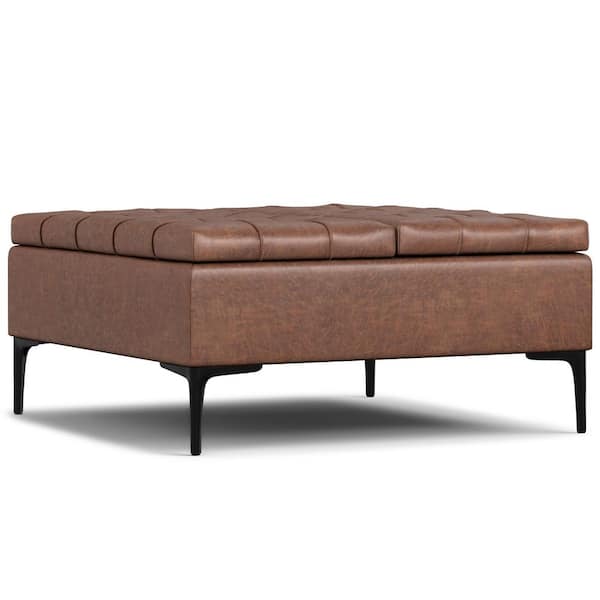 Simpli Home Laura 36 in. Square Lift Top Storage Ottoman in Distressed Saddle Brown  Vegan Faux Leather, Assembled
