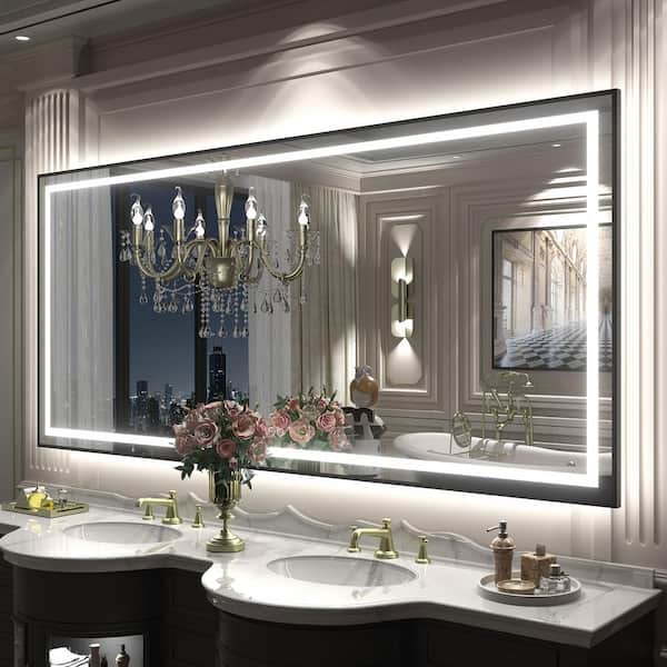 72 in. W x 32 in. H Rectangular Framed Front and Back LED Lighted Anti-Fog Wall Bathroom Vanity Mirror in Tempered Glass