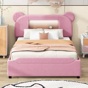 Pink Wood Frame Full Size Platform Bed with Cartoon Ears Headboard, LED and USB