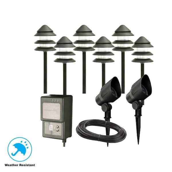 Hampton Bay Low-Voltage Black Outdoor Halogen Landscape Path Light and Flood Light Kit with Transformer (8-Pack)