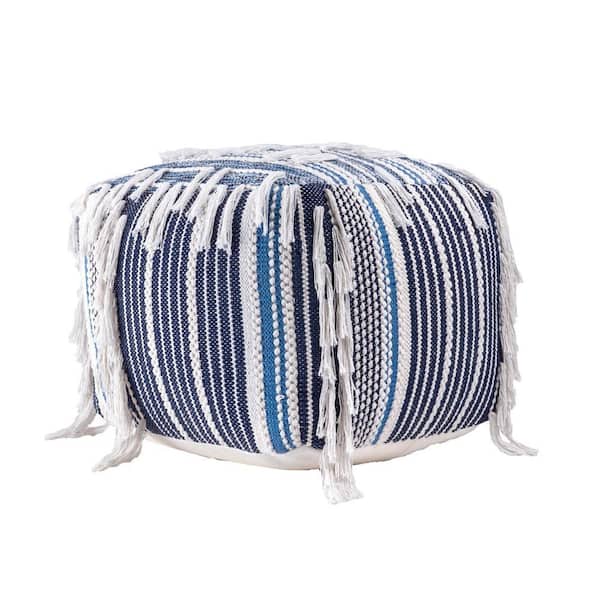 nuLOOM Hydra Denim Striped Fringe Filled Ottoman Blue Square Pouf