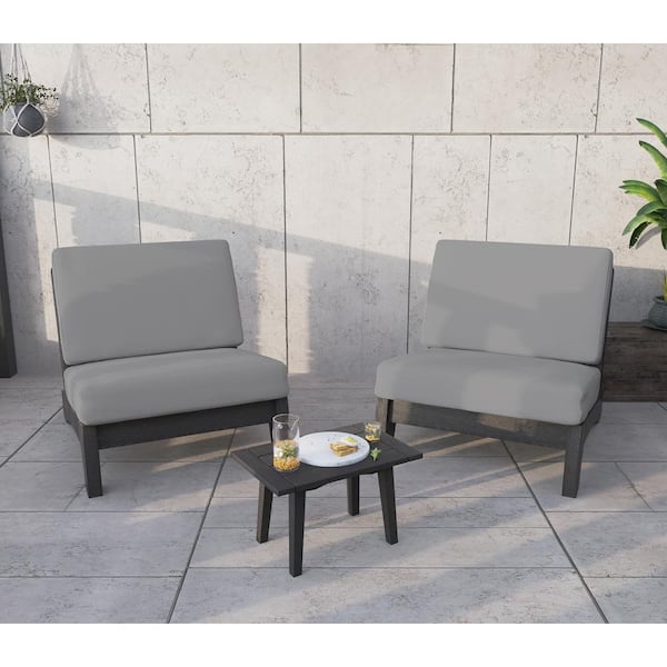 Uixe 3-Piece Acacia Wood Black Outdoor Club Two Single Chairs Set with Removable Gray Cushions and Coffee Table