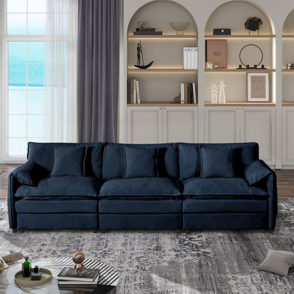 Brianna Modern 109.45 in. 3-Piece Chenille Oversized Modular Sectional Sofa in. Blue with 3 Pillows
