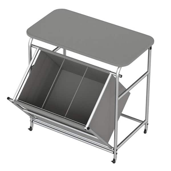Gray 33 x 34 x 18.5 Metal-Frame Modern Rectangle Laundry Room Hamper with Foldable Ironing Board and Lockable Wheels