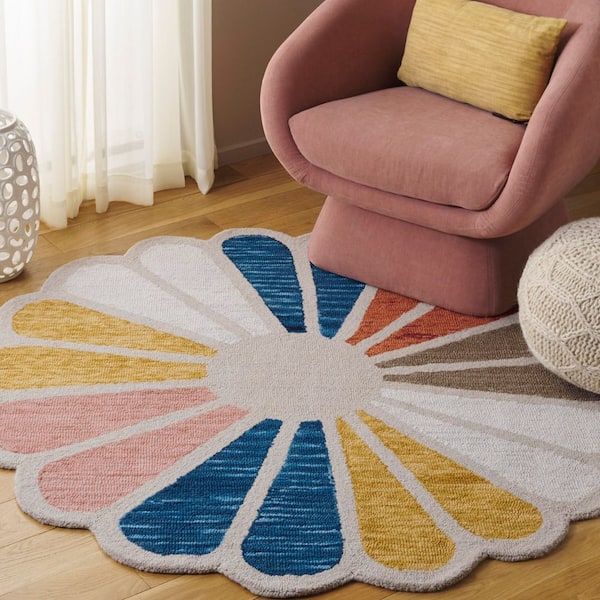 Novelty 4 ft. x 4 ft. Beige/Blue Modern Floral Round Area Rug
