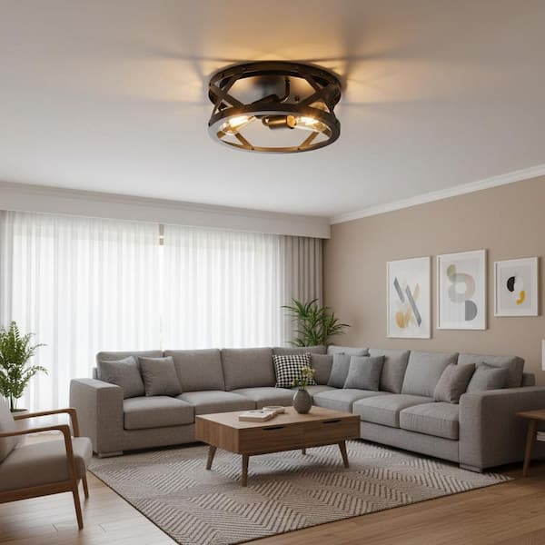 YANSUN 11.8 in. 2-Light Matte Black Flush Mount with Drum Shape