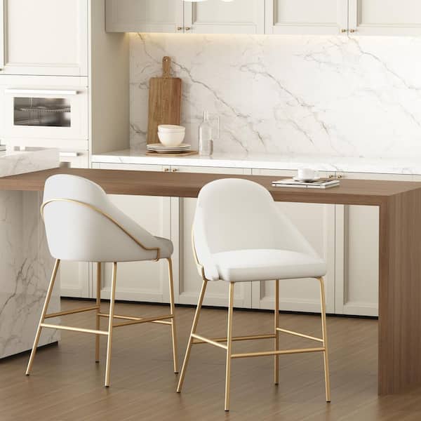 Manhattan Comfort Gracie 26 in. Modern White and Gold Metal Frame Counter Height Bar Stool with Faux Leather Upholstered Seat (Set of 2)