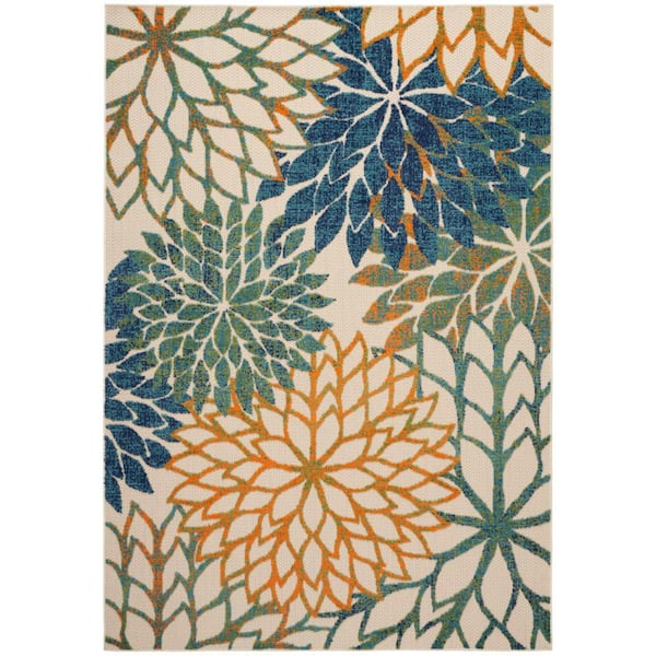 Nourison Aloha Blue Green 5 ft. x 8 ft. Floral Contemporary Indoor/Outdoor Area Rug