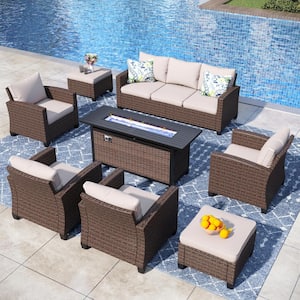 Brown 8-Piece Rattan Steel Outdoor Patio Conversation Set with Beige Cushions and Rectangular Fire Pit Table