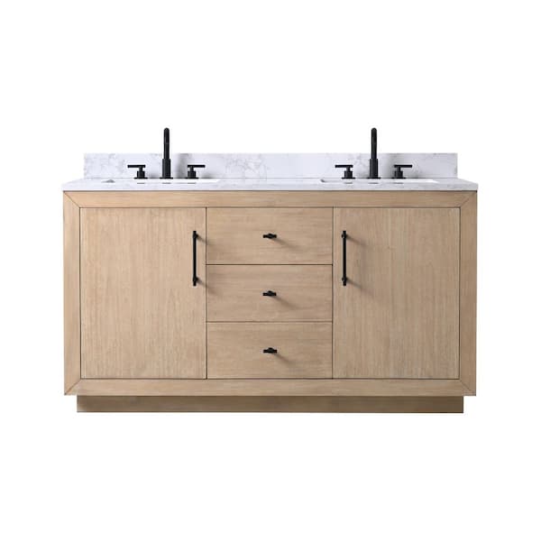 60 in. W x 22 in. D x 38 in. H Double Sink Bath Vanity in Light Wheat with Arabescato White Engineered Marble Top
