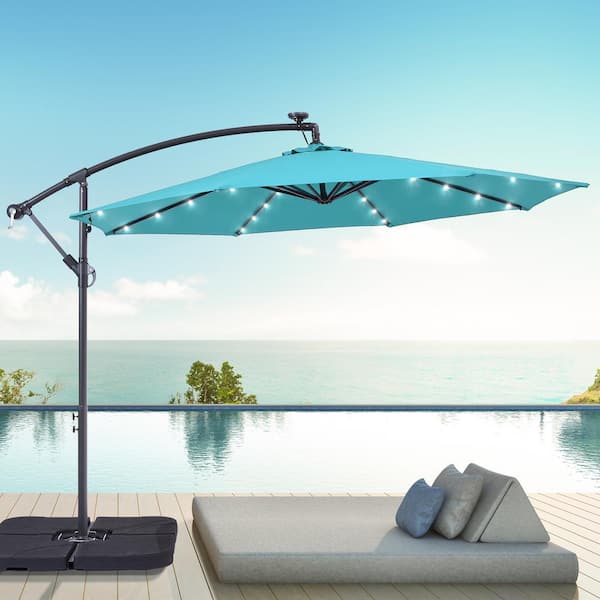 Sonkuki 10 ft. Round Outdoor Patio Solar LED Lighted Cantilever Umbrella in Lake Blue