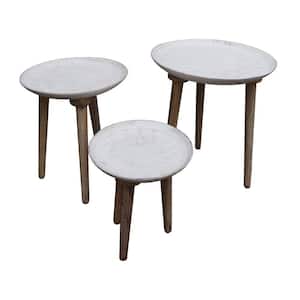 3-Piece 18 in. White/Brown Small Round Wood Coffee Table Set with Angled Tripod Base