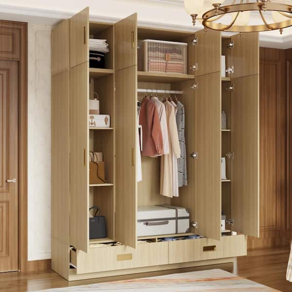 FUFU&GAGA Light Natural Wood 63 in. W 8-Door Big Wardrobe Armoires