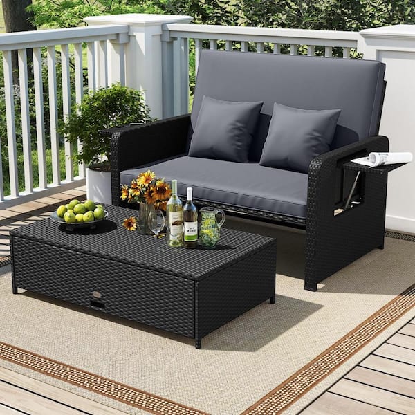 2 Piece PE Wicker Metal Outdoor Day Bed with 4-Level Adjustable Backrest, Storage Ottoman, Gray Cushions + Black Frame
