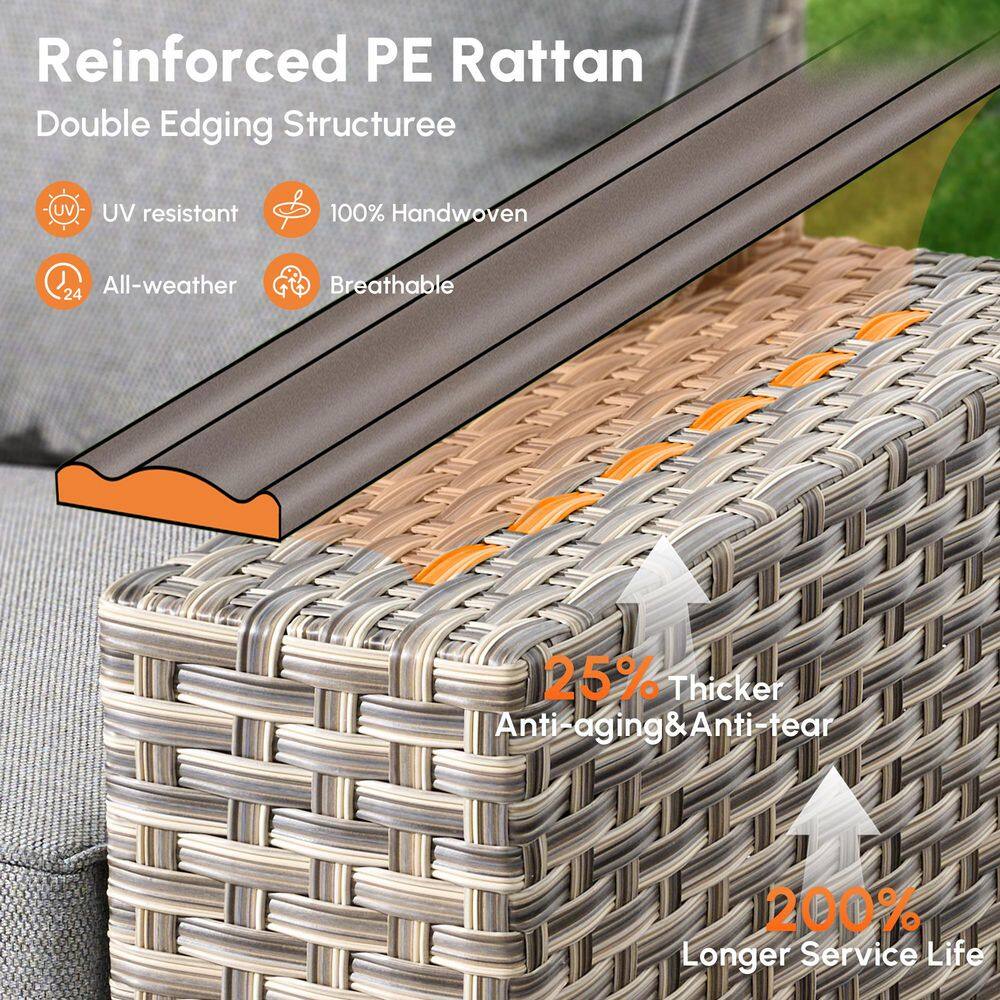Close-up of the reinforced PE rattan material used in the patio furniture.