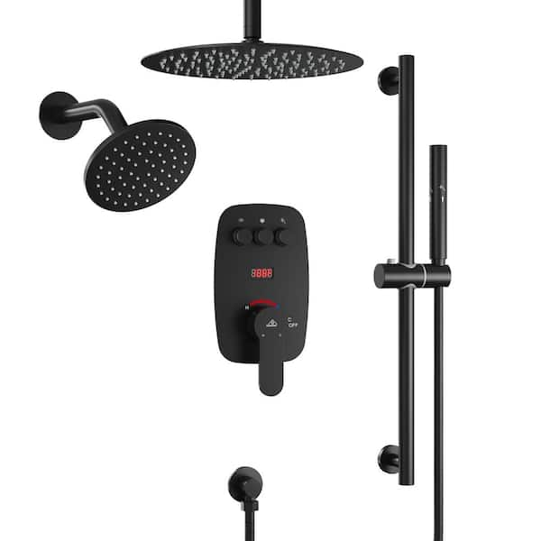 Digital Display 3-Function Single Handle 3-Spray Dual Shower Faucet 2.5 GPM with High Pressure in Matte Black