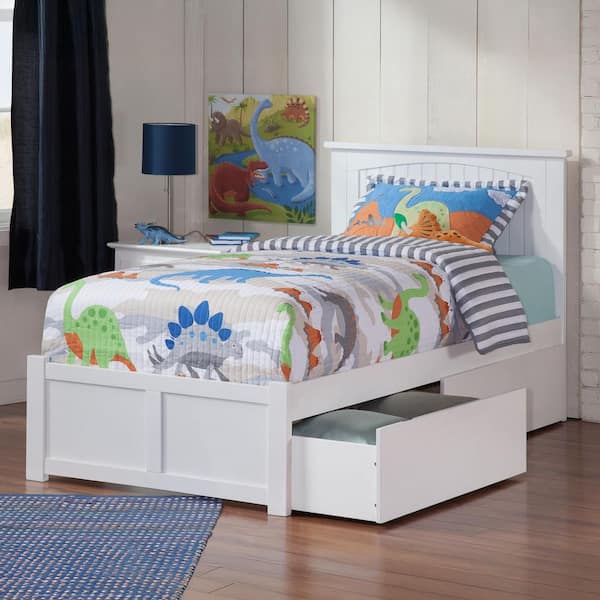 Nantucket White Twin XL Solid Wood Storage Platform Bed with Flat Panel Foot Board and 2 Bed Drawers