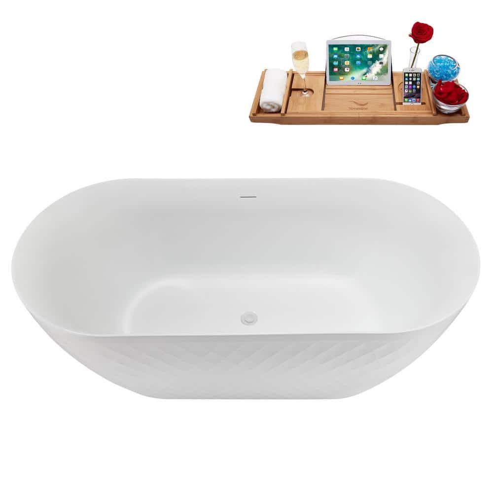 59" Glossy White Acrylic Freestanding Soaking Tub with Tray