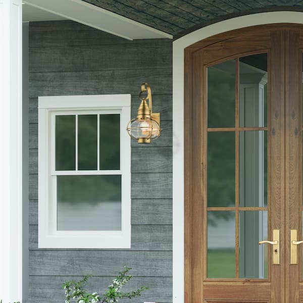 Hennington 14.75 in. 1-Light Antique Brass Outdoor Hardwired Wall Lantern Sconce with No Bulbs Included