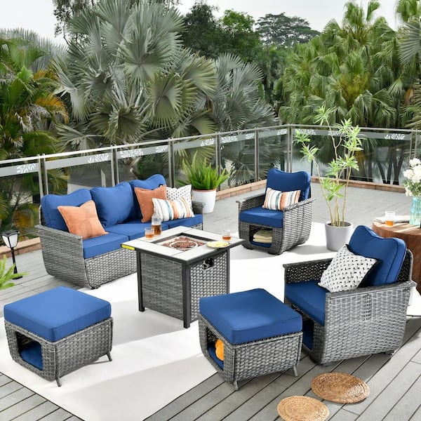 HOOOWOOO Sierra Black 6-Piece Wicker Multi-Functional Fire Pit Patio Conversation Sofa Seating Set with Navy Blue Cushions