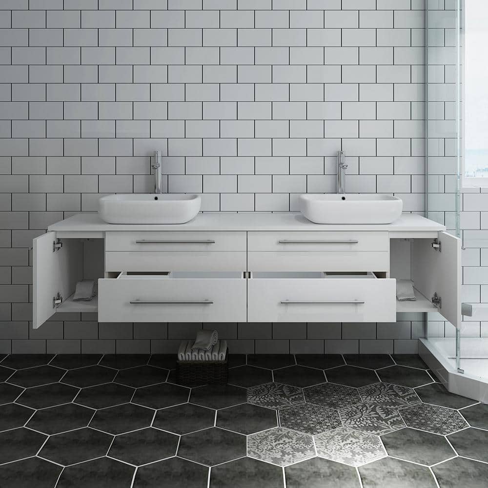 Elegant 72" White Quartz Top Double Vessel Sink Wall-Mount Vanity