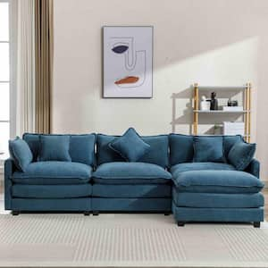 112.2 in. Square Arm Chenille L-Shaped Sofa with Ottoman in Blue