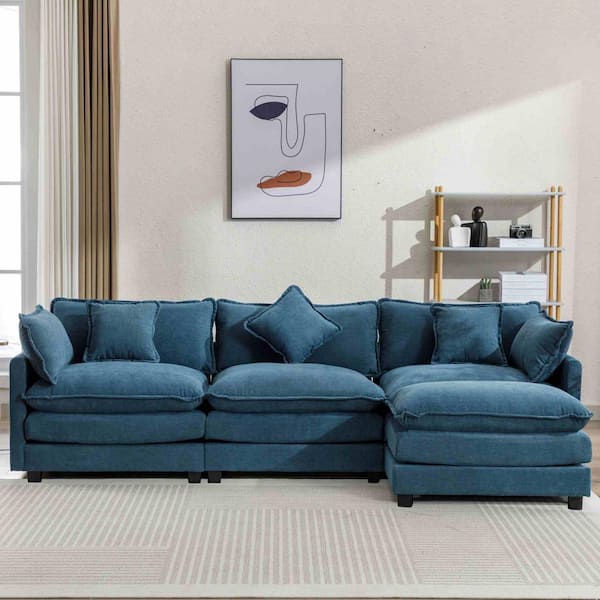 Polibi 112.2 in. Square Arm Chenille L-Shaped Sofa with Ottoman in Blue