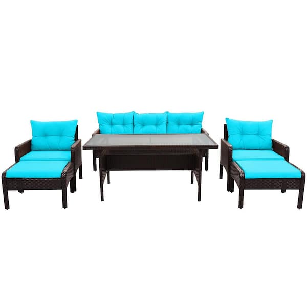 Boosicavelly 6-Piece PE Wicker Rattan Outdoor Sectional Sofa with Blue Cushion and Pillow