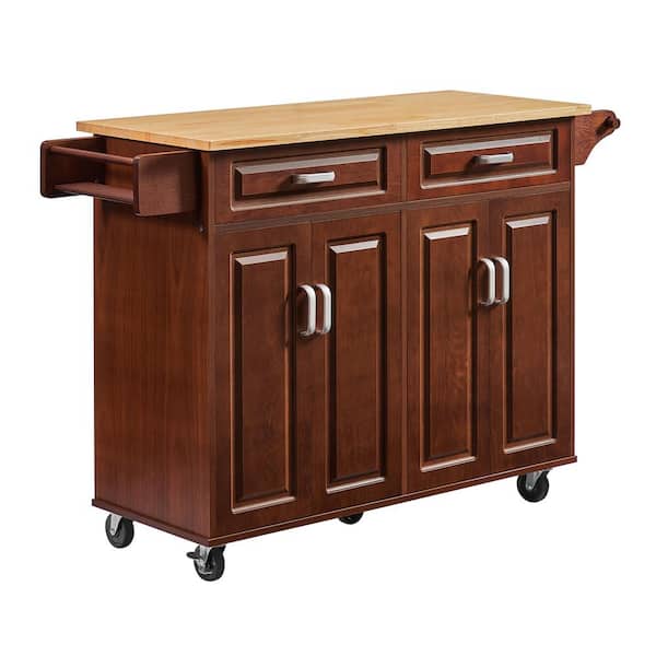 Boosicavelly 53.78 inch Brown Wood Kitchen Cart with Wood Top and Spice Rack and 2-Drawers