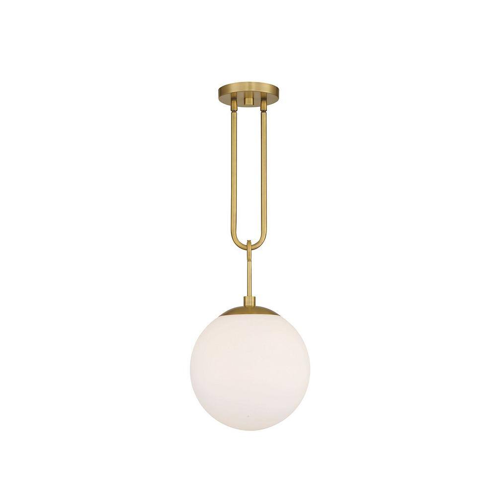 Becker Mid-Century Warm Brass Globe Pendant with White Glass