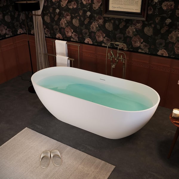 59 in. x 2.5 in. Solid Surface Soaking Bathtub with Center Drain Free Standing Flat Bottom Contemporary Bathtub in White